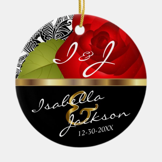 Bride and Groom Wedding Red Rose Keepsake Ceramic Ornament (Front)