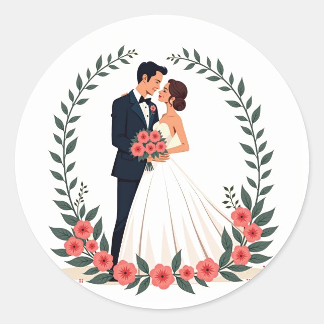Bride and Groom with Floral Ring Classic Round Sticker (Front)