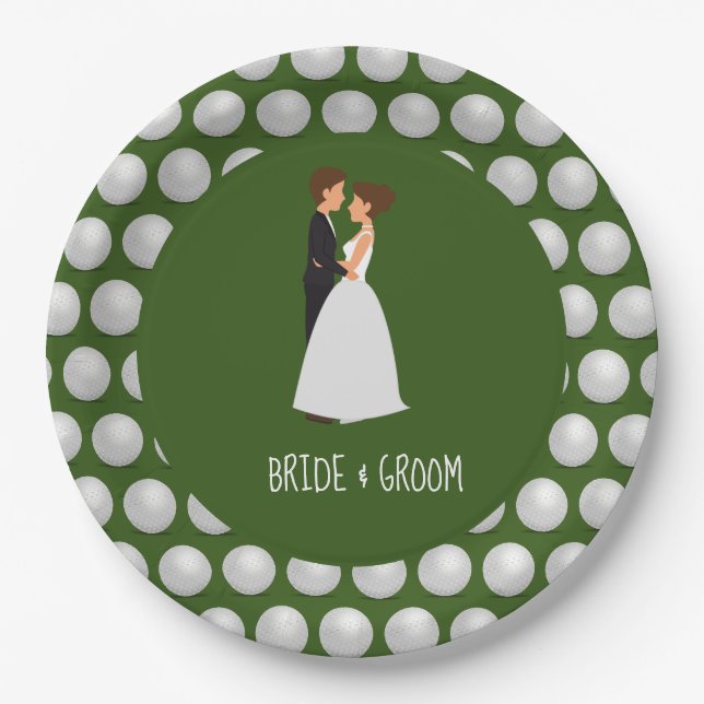 Bride and Groom with Golf ball on green Wedding  Paper Plate (Front)