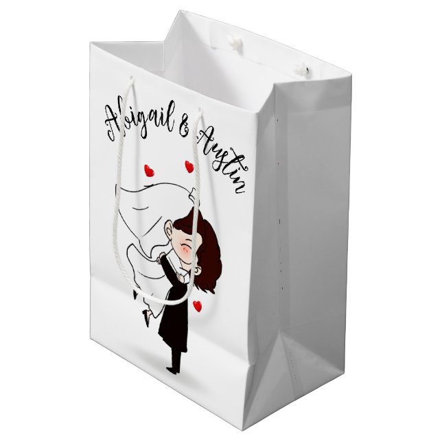 Bride and Groom with Red Hearts Medium Gift Bag (Front Angled)
