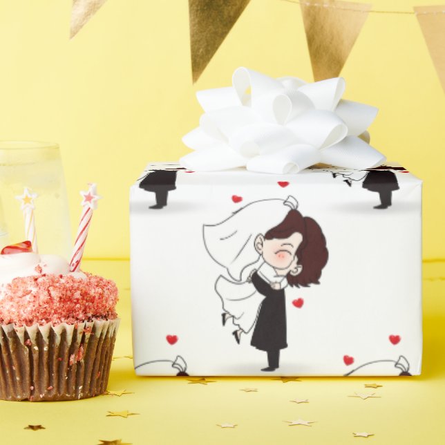 Bride And Groom with Red Hearts  Wrapping Paper (Birthday Party)