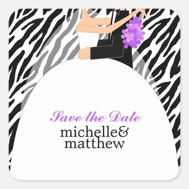 Bride and Groom Zebra Pattern Wedding Square Sticker (Front)