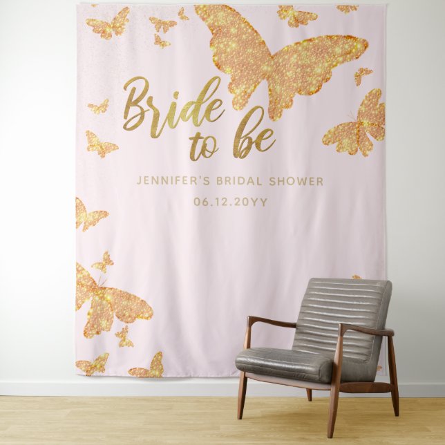 Bride Be Boho Gold Butterfly Pink Bridal Backdrop Tapestry (In Situ)