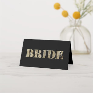 Bride Black and Gold Golden Glitter Typography Place Card