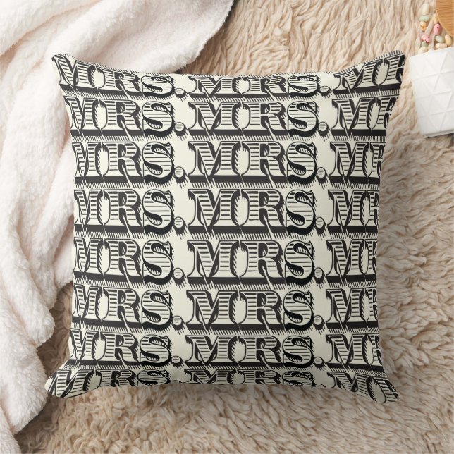 Bride Black and Ivory Mrs Typography Pattern Throw Pillow (Blanket)