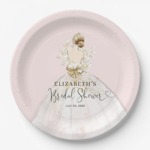 Bride Blonde Dress Pink Gold Floral Bridal Shower Paper Plate