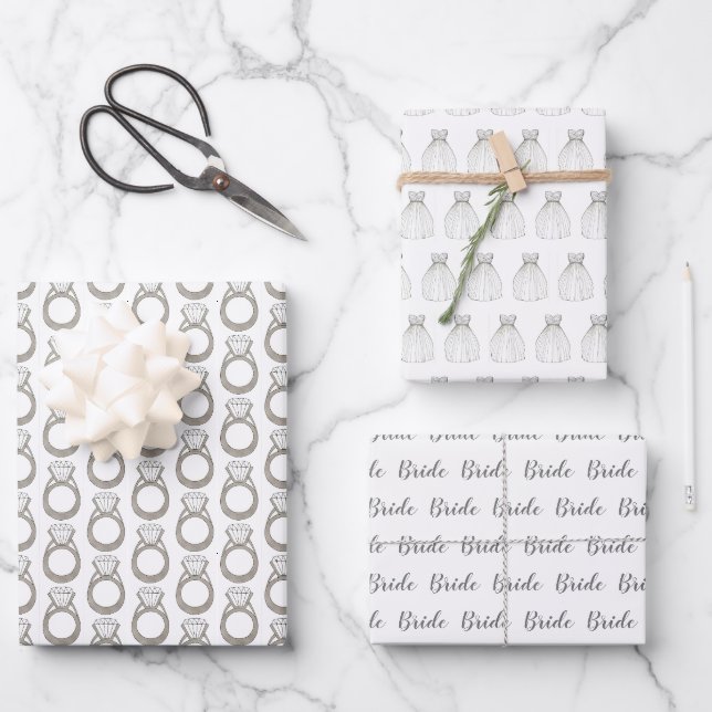 Bride Bridal Shower Diamond Ring Wedding Dress Wrapping Paper Sheet (Front)