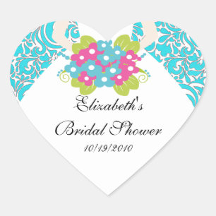 Bride Bridal Shower Sticker Seal Damask Turquoise
