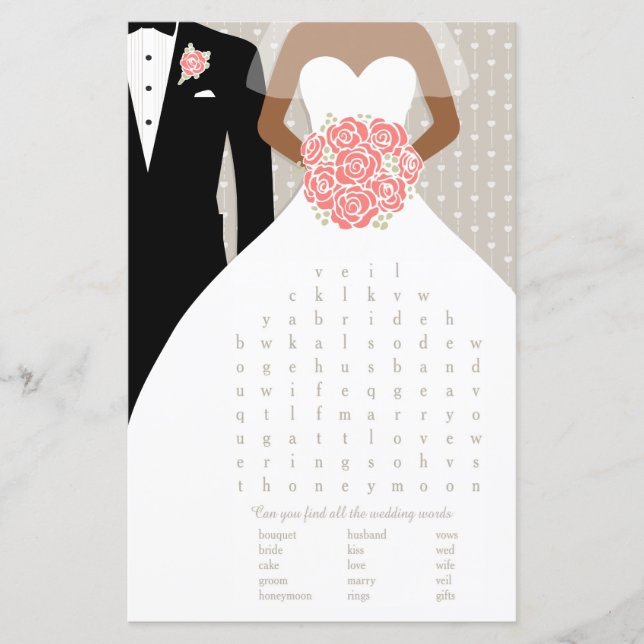Bride Bridal Shower word search game coral dress (Front)