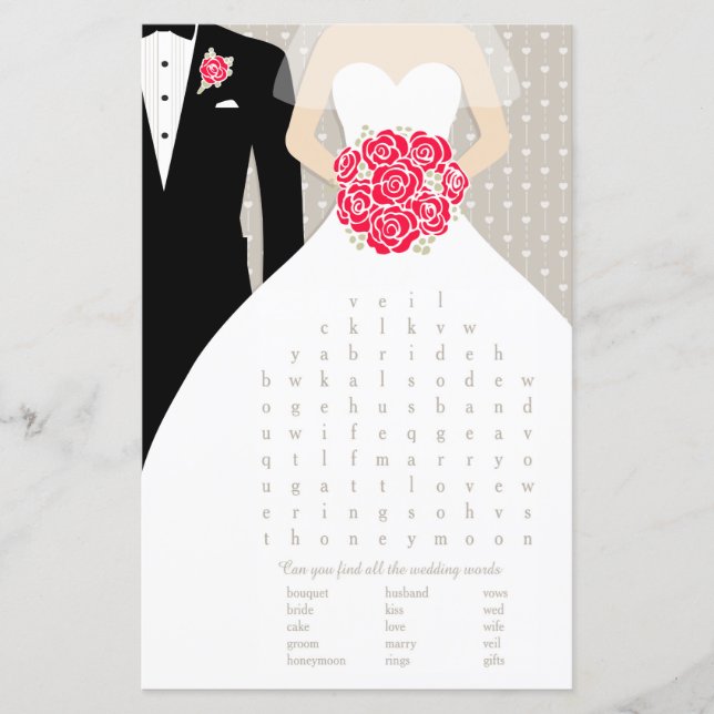 Bride Bridal Shower word search game red dress (Front)