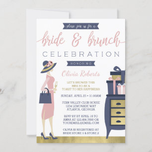 Bride & Brunch Shower Invitation, Navy, Pink, Gold Invitation