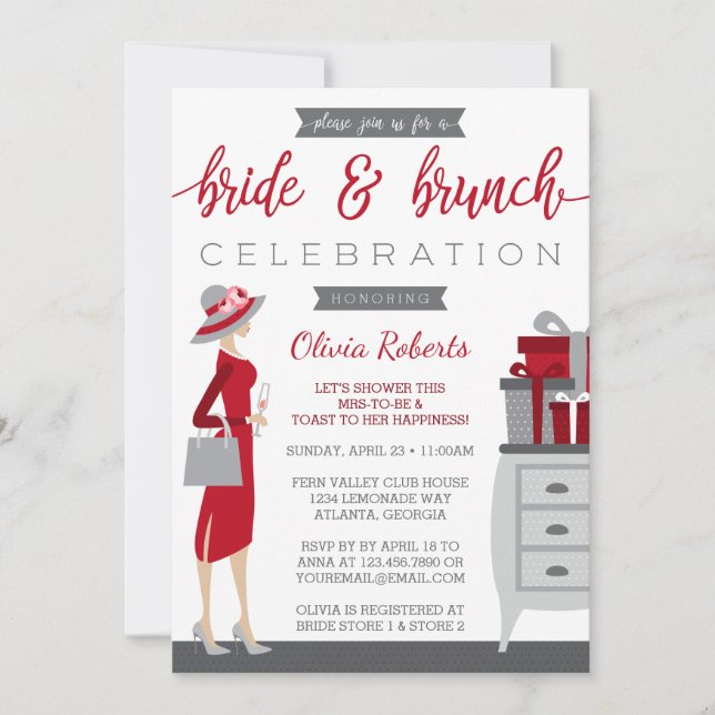 Bride & Brunch Shower Invitation, Red, Grey Invitation (Front)
