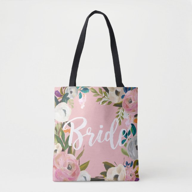 Bride Brushed Floral Wedding Party Pink Tote Bag (Front)