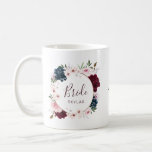 Bride Burgundy & Navy Rose Watercolor Wreath Coffee Mug<br><div class="desc">Send a beautiful personalized gift for the bride that she’ll cherish for years to come with our elegant burgundy and navy rose watercolor rose custom name mug. The design features our painted elegant watercolor flowers. A Beautiful floral arrangement of red burgundy, deep blues and blush pinks flowers with accents of...</div>