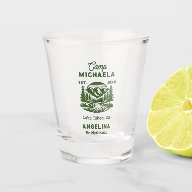Bride Camp Bachelorette Retro Bridesmaid's Name Shot Glass (Front)