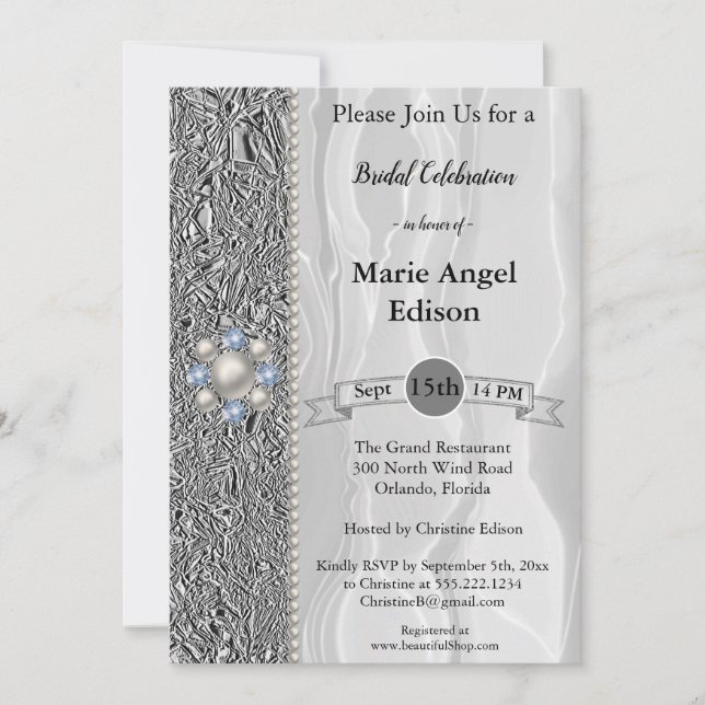Bride Celebration Silver Foil, White Silk & Pearls Invitation (Front)
