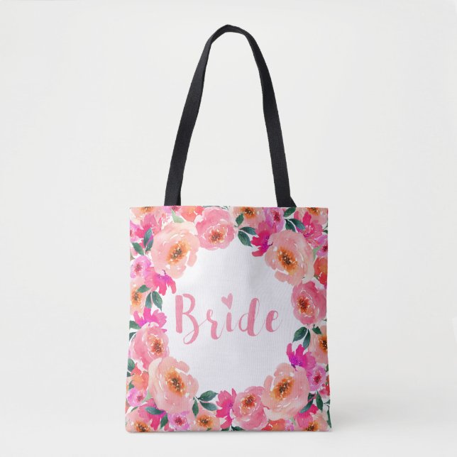 Bride Chic Script Pink Watercolor Floral Tote Bag (Front)