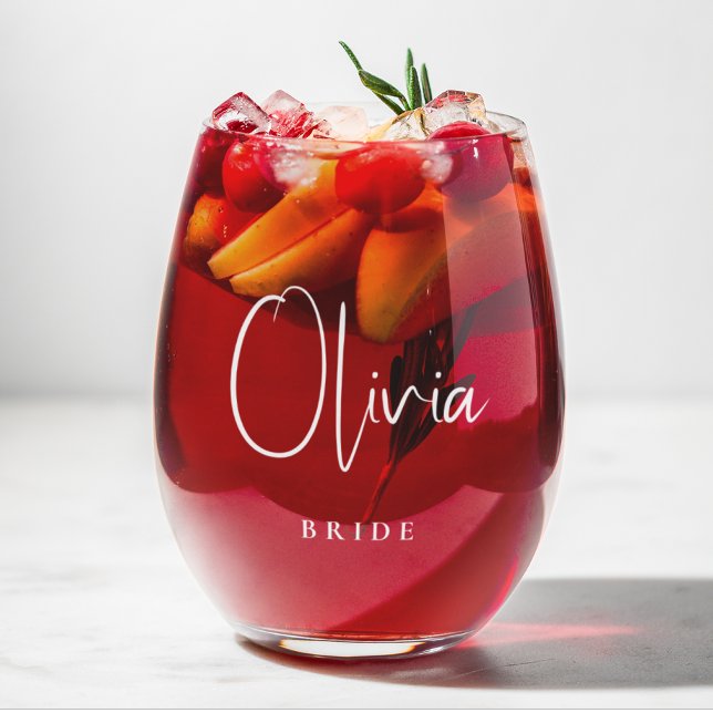 Bride Chic White Script Wedding Stemless Wine Glass (Creator Uploaded)