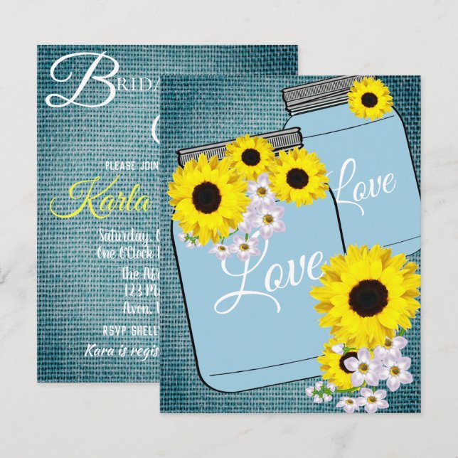 BRIDE & CO Teal Blue Burlap Sunflower Shower Party Invitation (Front/Back)