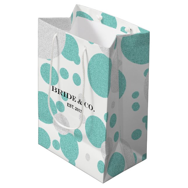 BRIDE & CO Teal Blue Polka Dot Favour Bag (Front Angled)