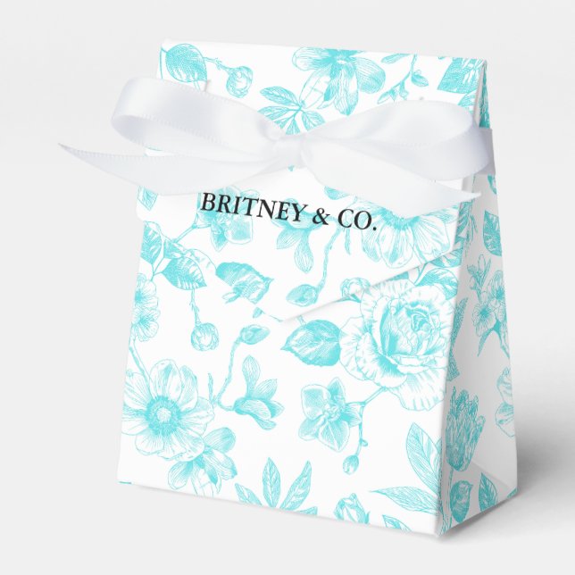 Bride & Co. Teal Floral Toile Personalized Favor Box (Front Side)