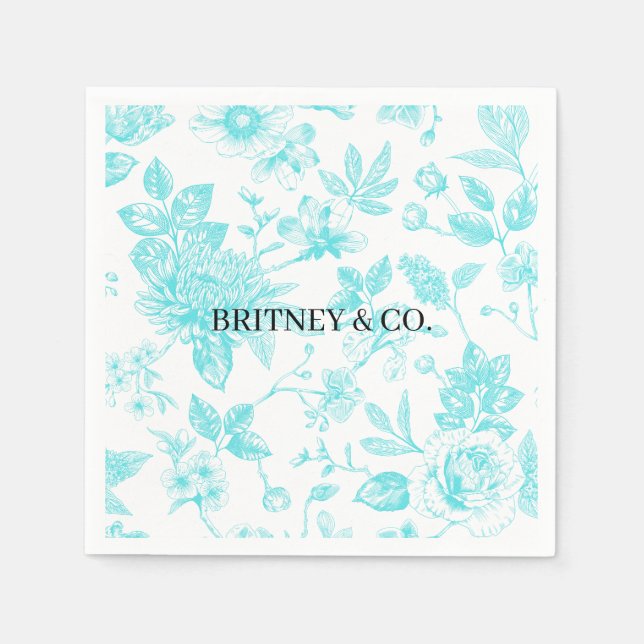 Bride & Co. Teal Floral Toile Personalized Napkin (Front)