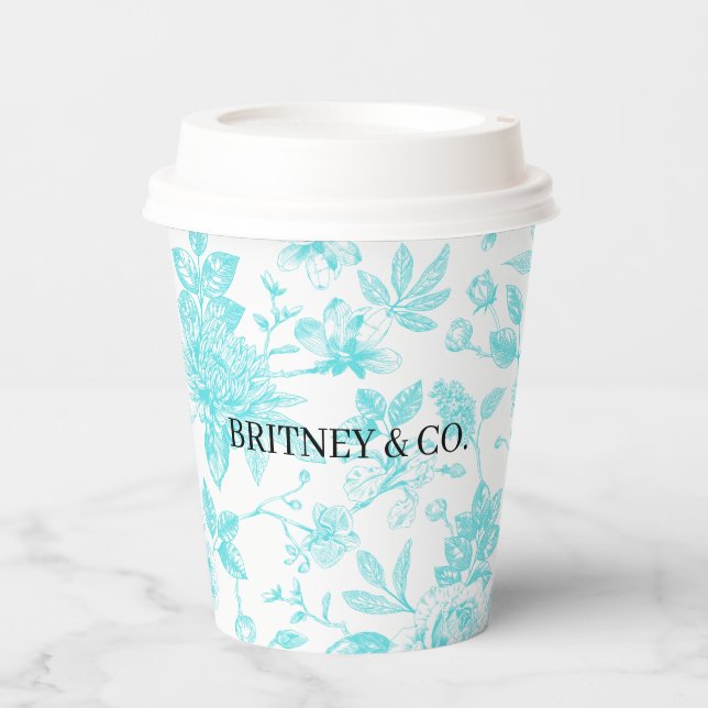 Bride & Co. Teal Floral Toile Personalized Paper Cups (Front)