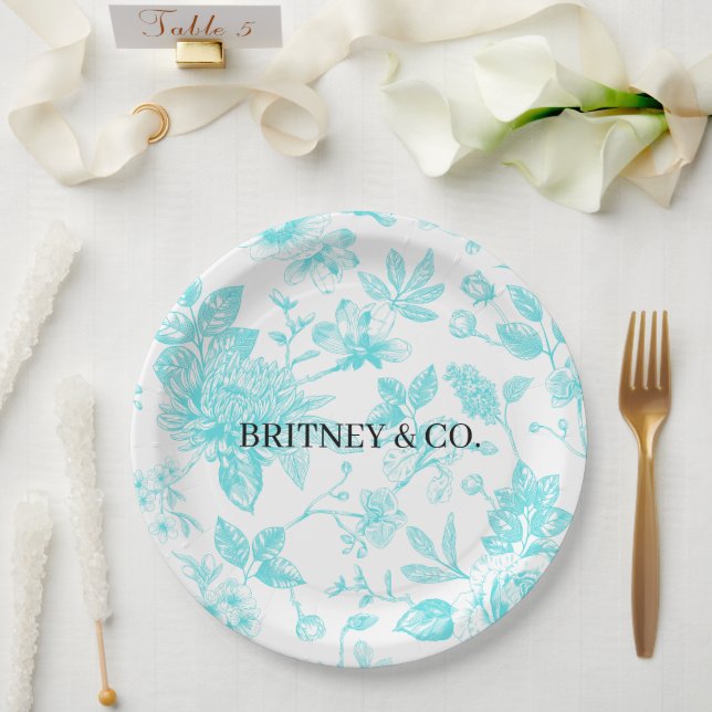Bride & Co. Teal Floral Toile Personalized Paper Plate (Wedding)
