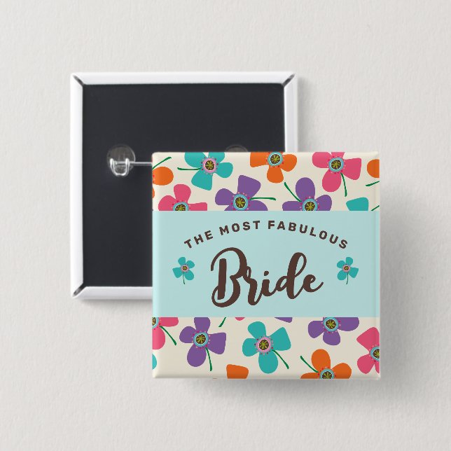 BRIDE Colourful Sweet Daisies Pop Wedding Name Tag 2 Inch Square Button (Front & Back)
