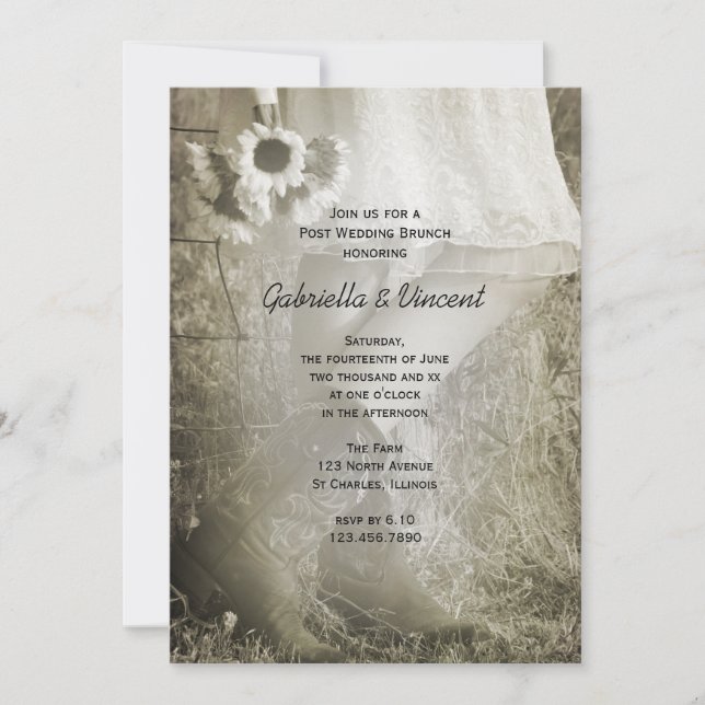 Bride Cowboy Boots Sunflowers Post Wedding Brunch Invitation (Front)