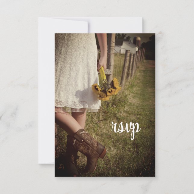 Bride, Cowboy Boots, Sunflowers Ranch Wedding RSVP (Front)