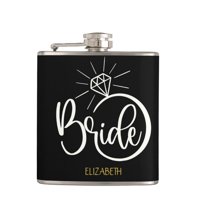 Bride Diamond Ring  Black and Gold Wedding Flask (Front)