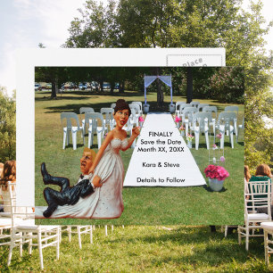 Bride Dragging Groom Figurines Brown & Blonde Announcement Postcard