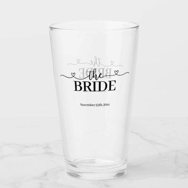 Bride Fancy Script with Hearts Wedding Glass (Front)