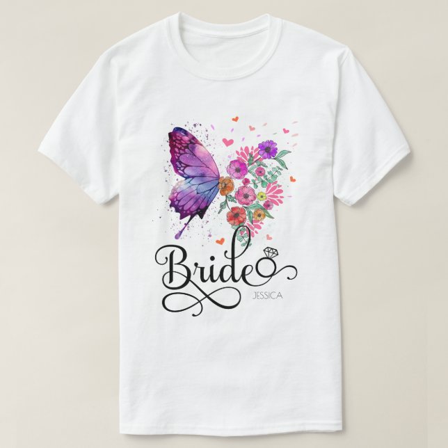 Bride Floral Boho Butterfly Name T-Shirt (Design Front)