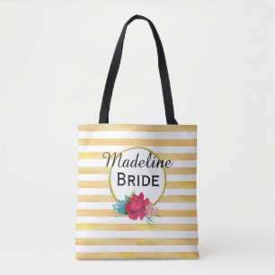 BRIDE FLORAL& GOLD STRIPE Personalized Tote Bag