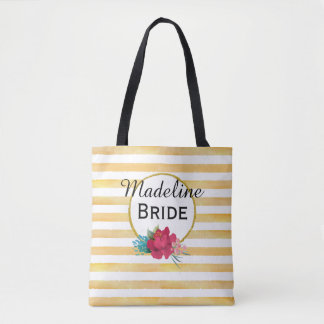 BRIDE FLORAL& GOLD STRIPE Personalized Tote Bag
