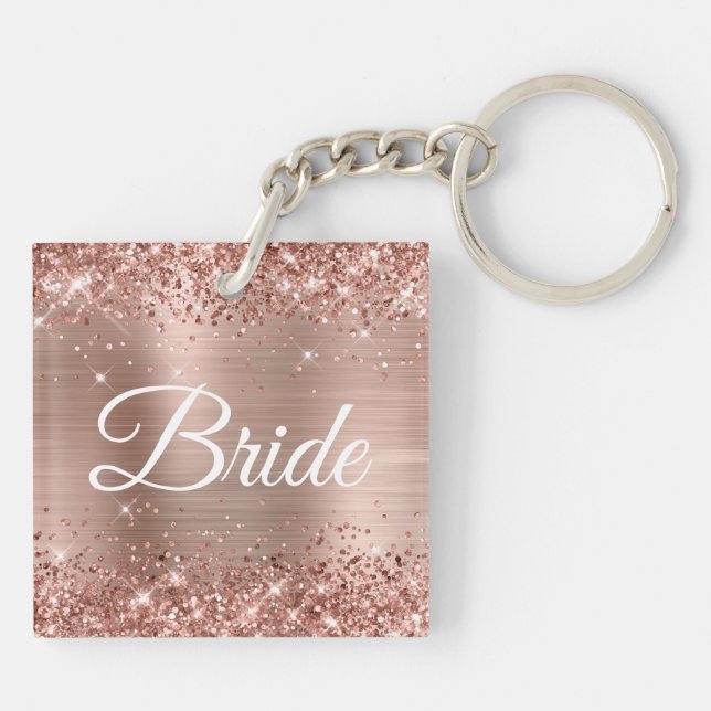 Bride Glittery Rose Gold Fancy Monogram Keychain (Back)