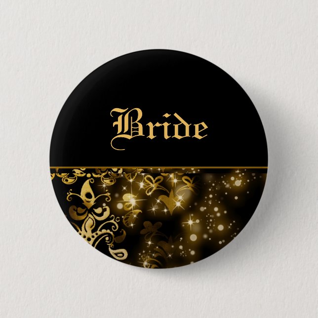 Bride gold black wedding bridal party 2 inch round button (Front)