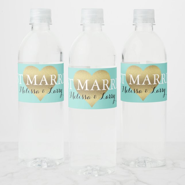 BRIDE Gold Heart Teal Blue Party Water Bottle Label (Bottles)