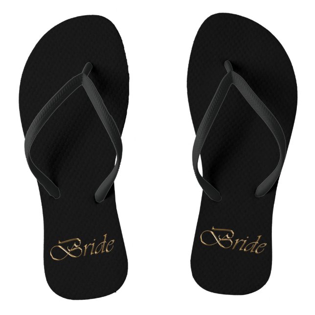 Bride, gold script elegant chic black wedding flip flops (Footbed)