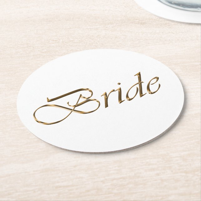 Bride, gold script elegant chic bridal shower round paper coaster (Angled)