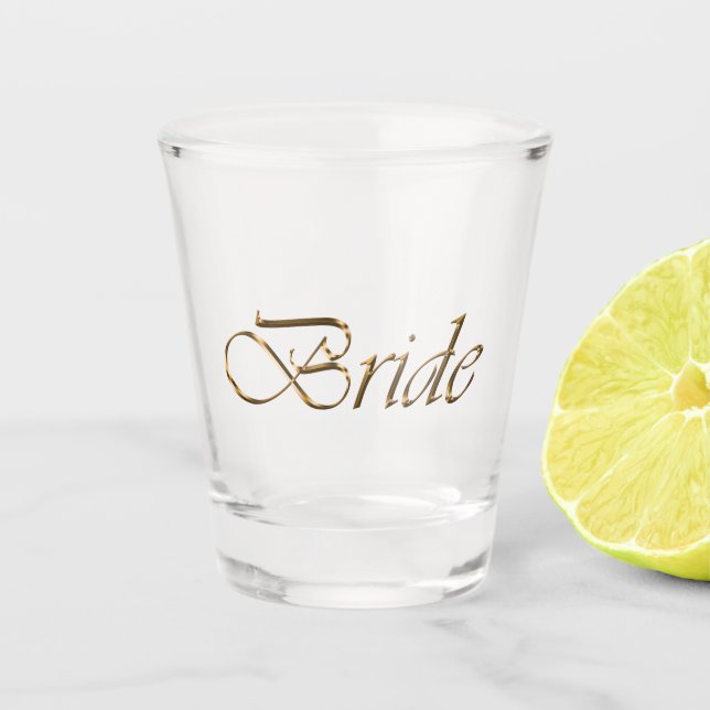 Bride, gold script elegant chic clear shot glass (Front)