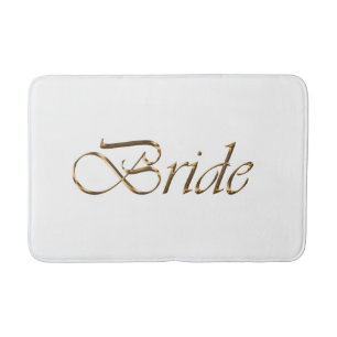 Bride, gold script elegant chic white bath mat
