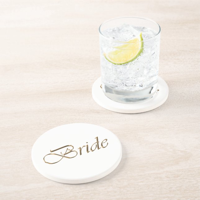 Bride, gold script elegant chic white coaster (Side)