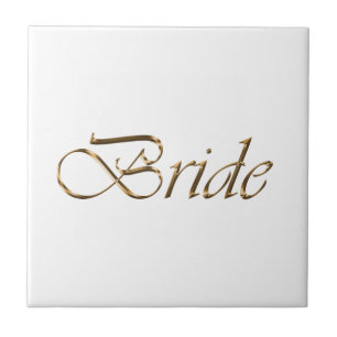 Bride, gold script elegant chic white tile