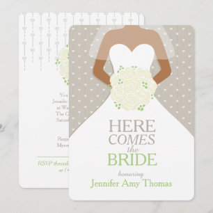 Bride green white roses bouquet bridal shower invitation