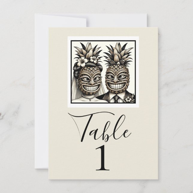 Bride & Groom Aloha Pineapple Tiki Table Number (Front)
