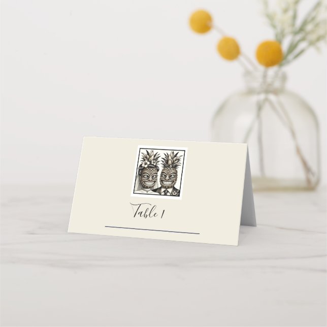 Bride & Groom Aloha Pineapple Tiki Wedding Seating Place Card (Front)