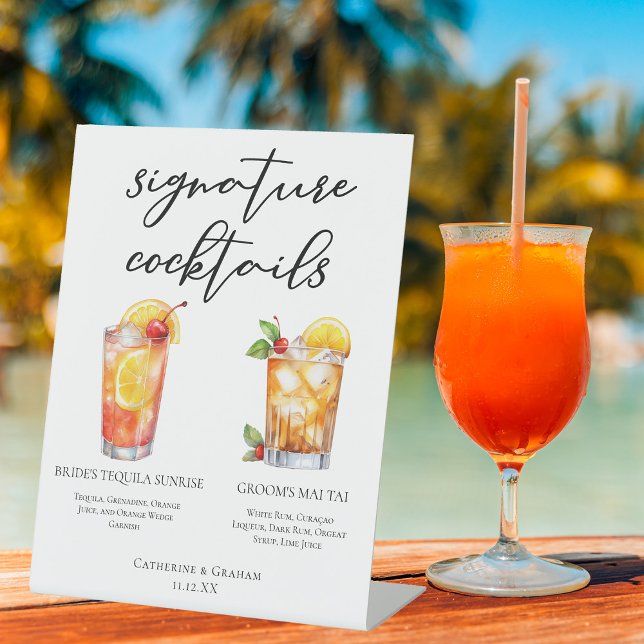Bride Groom Beach Wedding Signature Cocktails Menu Pedestal Sign (Creator Uploaded)